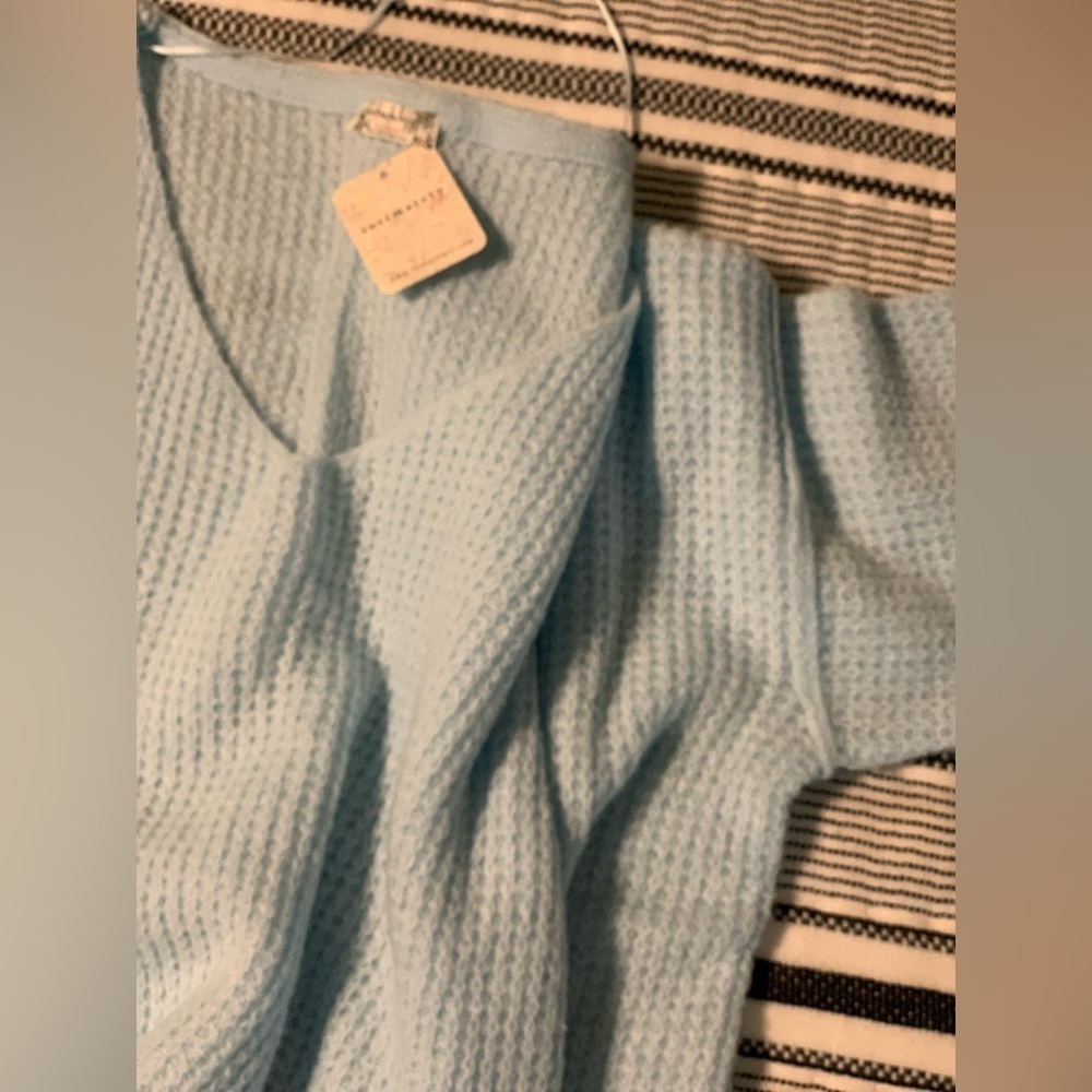 Free People Cozy Pullover Women Sweater Tunic Light Blue Oversized Split Hems - Picture 12 of 13